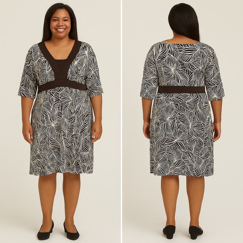 NY Collection 2X‎ Brown & Ivory Leaf Print Dress with Waist Detail